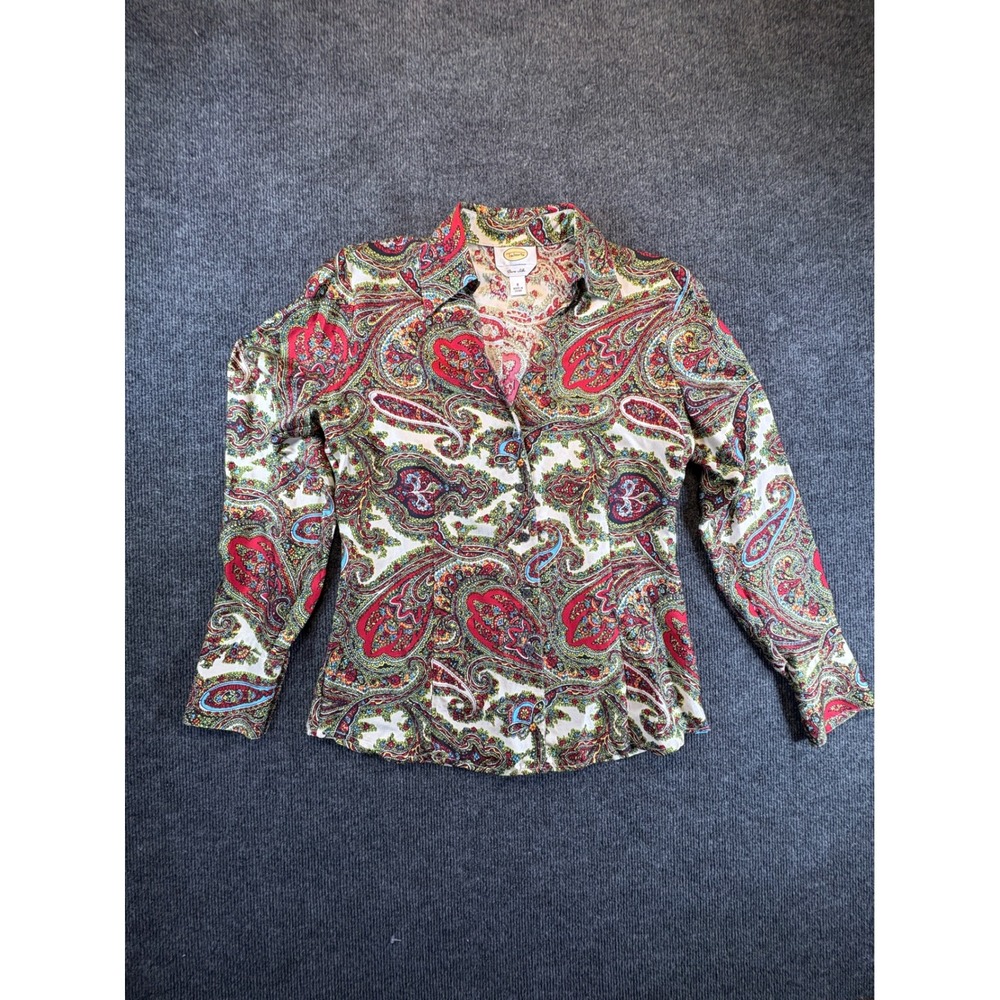 Talbots Pure Silk Paisley Button Down Shirt Red Cream Multi Color Size 8